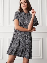 Black Geo Print Mini Short Sleeve Shirt Dress - Image 1 of 5