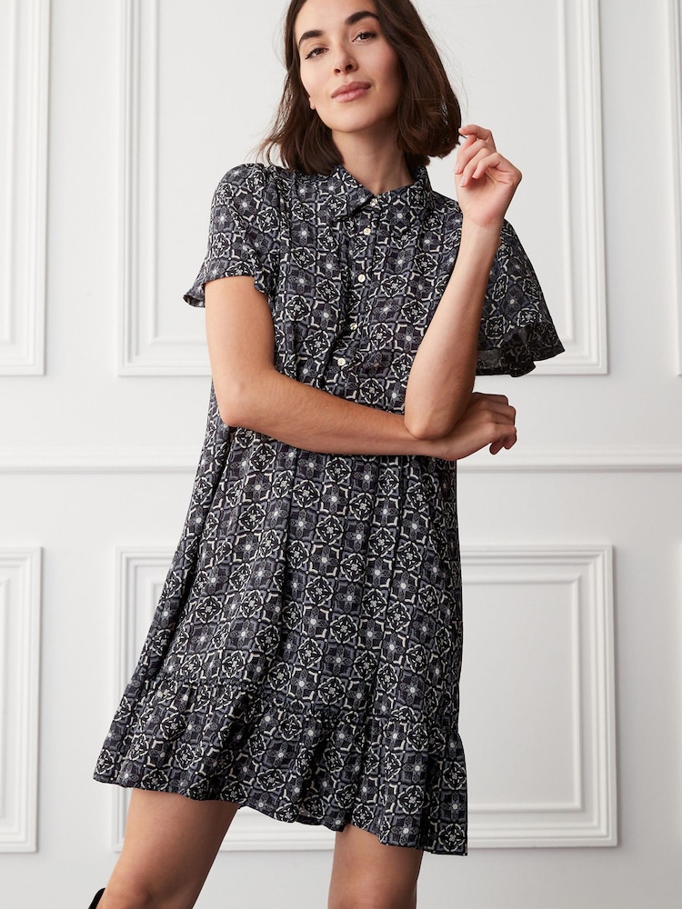 Black Geo Print Mini Short Sleeve Shirt Dress - Image 1 of 5