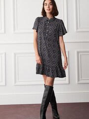 Black Geo Print Mini Short Sleeve Shirt Dress - Image 2 of 5