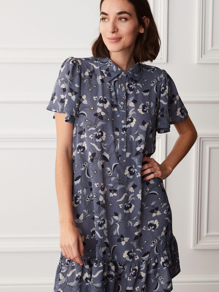 Purple Floral Mini Short Sleeve Shirt Dress - Image 1 of 5
