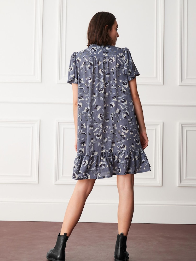 Purple Floral Mini Short Sleeve Shirt Dress - Image 2 of 5