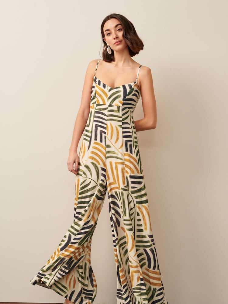 Green Palm Leaf Print Strappy Sleeveless Wide Leg Jumpsuit - Image 1 of 5