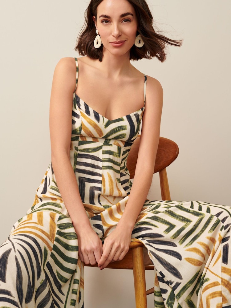 Green Palm Leaf Print Strappy Sleeveless Wide Leg Jumpsuit - Image 2 of 5 Green Palm Leaf Print Strappy Sleeveless Wide Leg Jumpsuit - Image 2 of 5