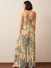 Green Palm Leaf Print Strappy Sleeveless Wide Leg Jumpsuit - Image 3 of 5