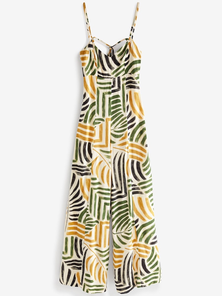 Green Palm Leaf Print Strappy Sleeveless Wide Leg Jumpsuit - Image 5 of 5
