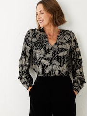FatFace Sudley Metallic Feather Black Blouse - Image 1 of 4