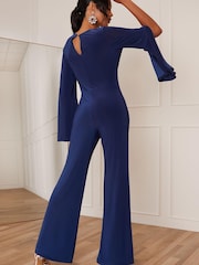 Chi Chi London Blue V-Neck Split Sleeve Jumpsuit - Image 2 of 4