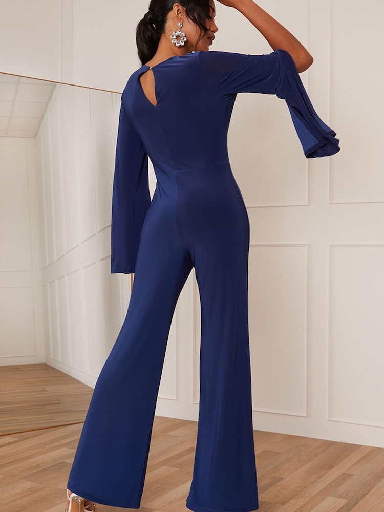 Chi Chi London Blue V-Neck Split Sleeve Jumpsuit - Image 2 of 4