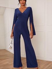 Chi Chi London Blue V-Neck Split Sleeve Jumpsuit - Image 3 of 4