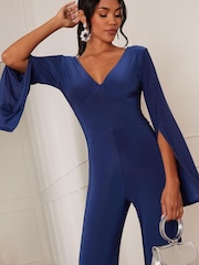 Chi Chi London Blue V-Neck Split Sleeve Jumpsuit - Image 4 of 4