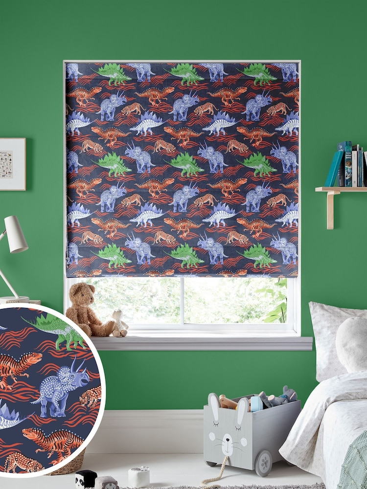 Cath Kidston Blue Kids Dinosaur Made To Measure Roman 100% Cotton Blind - Image 1 of 6