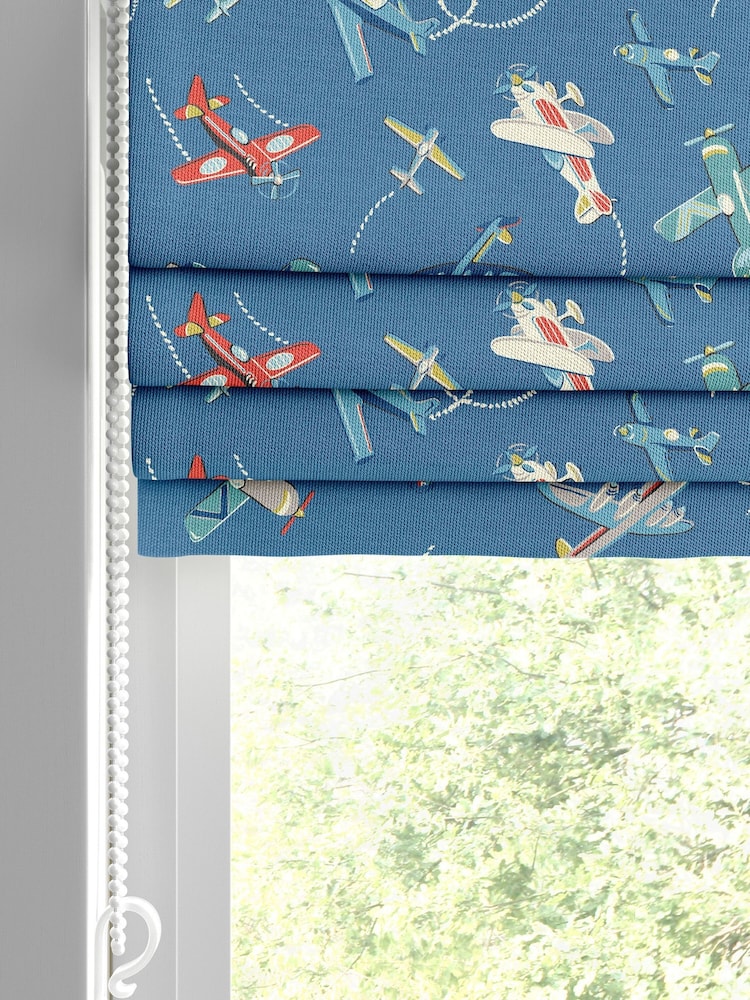 Cath Kidston Blue Kids Planes Made To Measure Roman 100% Cotton Blind - Image 2 of 6