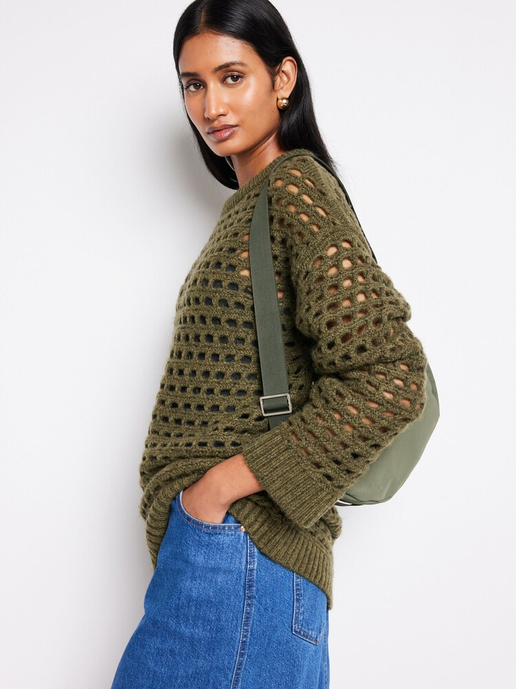 Khaki Green Open Stitch Relaxed Jumper - Image 1 of 8 Khaki Green Open Stitch Relaxed Jumper - Image 1 of 8