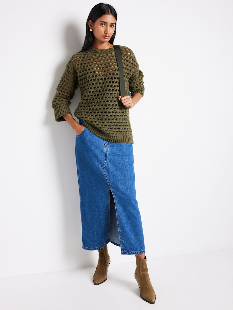 Khaki Green Open Stitch Relaxed Jumper - Image 2 of 8 Khaki Green Open Stitch Relaxed Jumper - Image 2 of 8