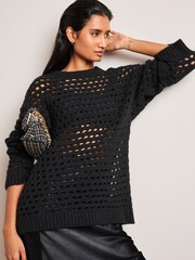 Black Open Stitch Relaxed Jumper - Image 1 of 6