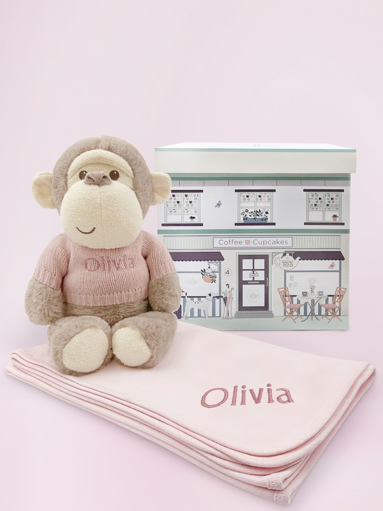 Babyblooms Pink Personalised Monkey Soft Toy with Snuggle Wrap Gift Set - Image 7 of 7
