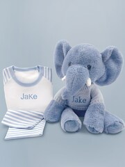 Babyblooms Blue Personalised Elephant Soft Toy with Stripe Pyjamas - Image 1 of 4