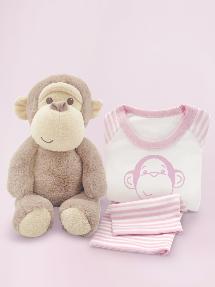 Babyblooms Monkey Soft Toy with Personalised Pink Stripe Pyjamas - Image 1 of 5