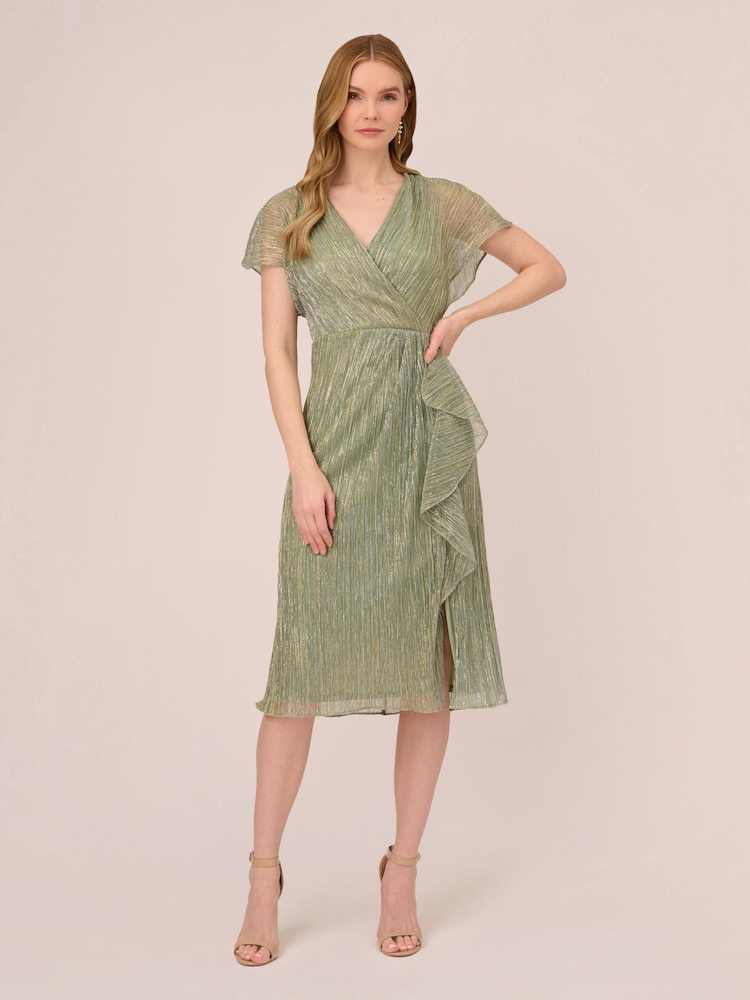 Adrianna Papell Green Metallic Crinkle Midi Dress - Image 1 of 6