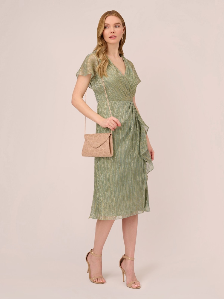 Adrianna Papell Green Metallic Crinkle Midi Dress - Image 2 of 6 Adrianna Papell Green Metallic Crinkle Midi Dress - Image 2 of 6