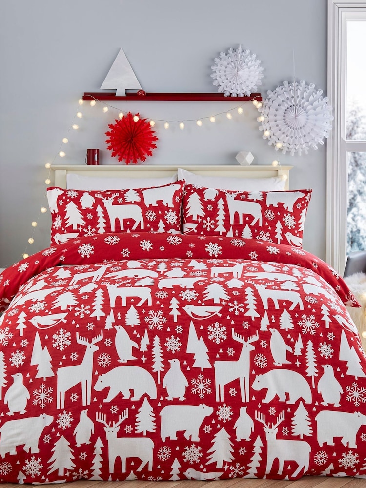 Fusion Red Christmas Arctic Animals 100% Cotton Duvet Cover and Pillowcase Set - Image 1 of 5