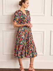 Multi Ditsy Spot Ruched Sleeve Satin Midi Dress - Image 1 of 5