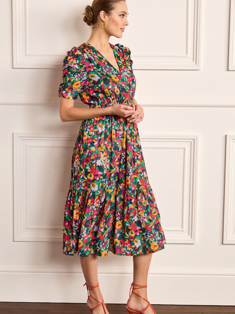 Multi Ditsy Spot Ruched Sleeve Satin Midi Dress - Image 1 of 5
