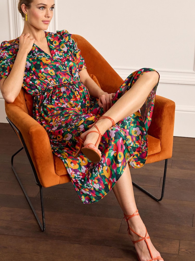 Multi Ditsy Spot Ruched Sleeve Satin Midi Dress - Image 2 of 5
