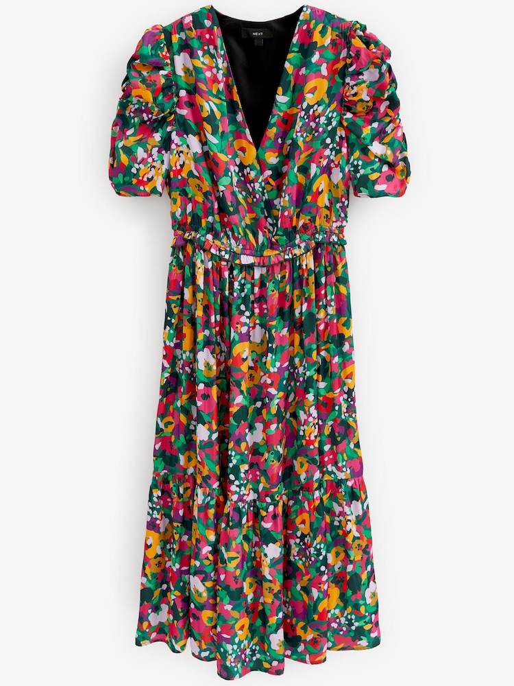 Multi Ditsy Spot Ruched Sleeve Satin Midi Dress - Image 5 of 5
