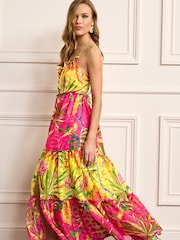 Pink/Yellow Print Maxi Tiered Ruffle Dress - Image 1 of 5