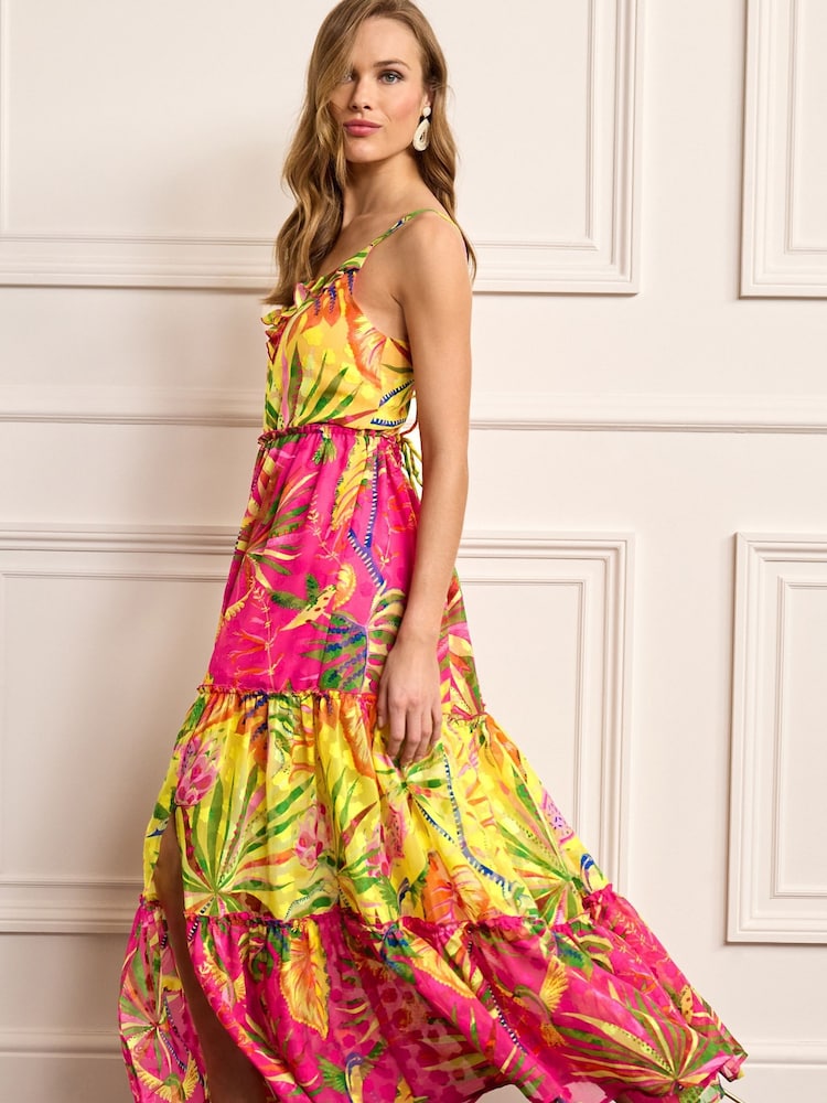 Pink/Yellow Print Maxi Tiered Ruffle Dress - Image 1 of 5