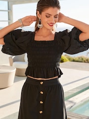 Black Cotton Shirred Top with Broidery Detail - Image 1 of 5