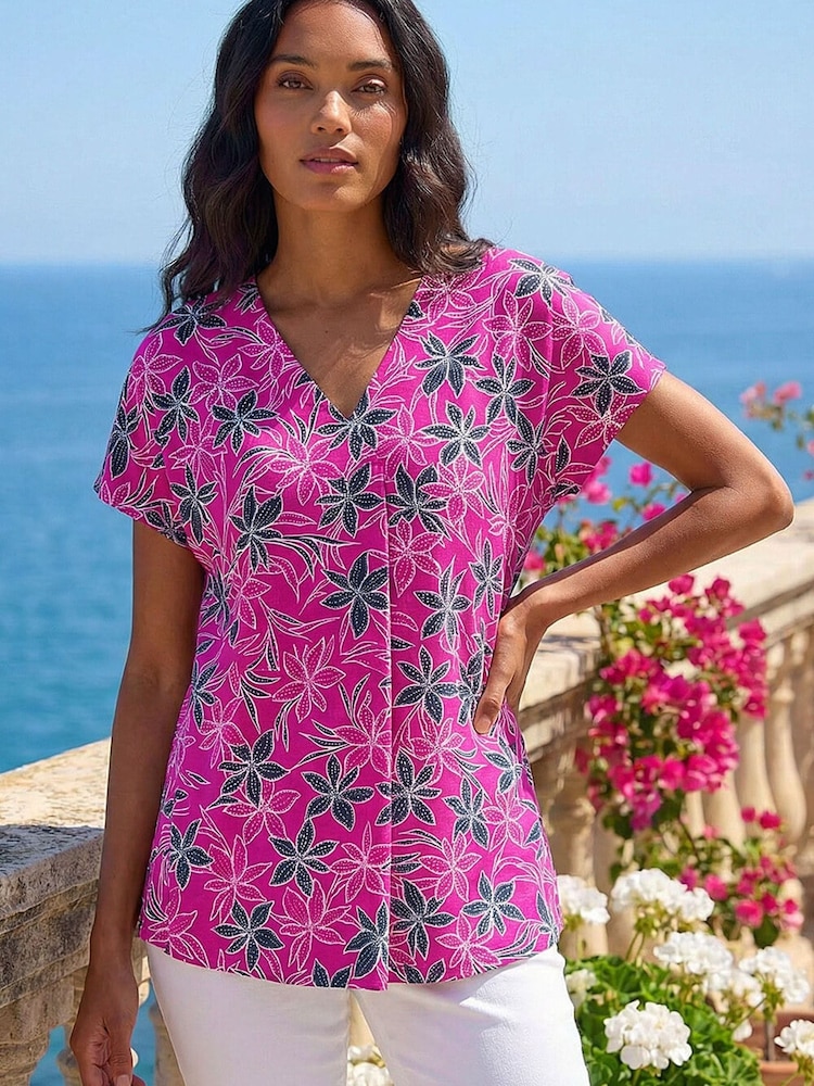 Roman Pink Floral Print Pleat Front Stretch Top - Image 1 of 4