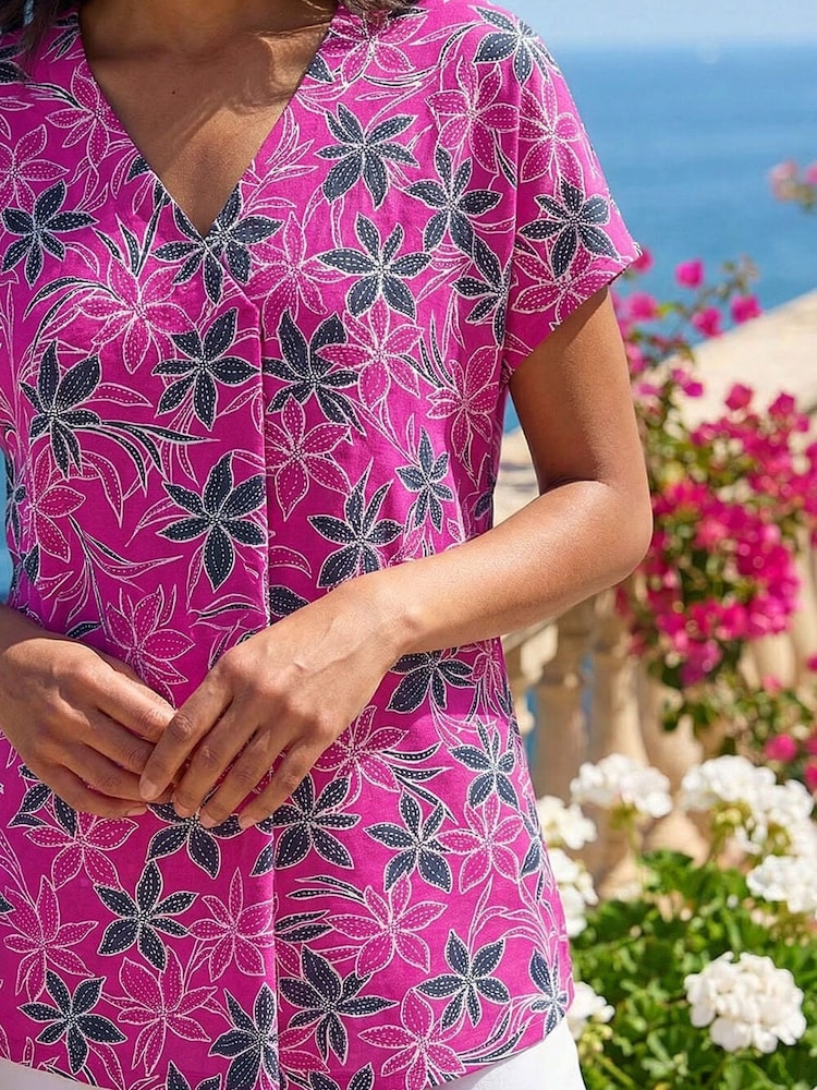 Roman Pink Floral Print Pleat Front Stretch Top - Image 2 of 4