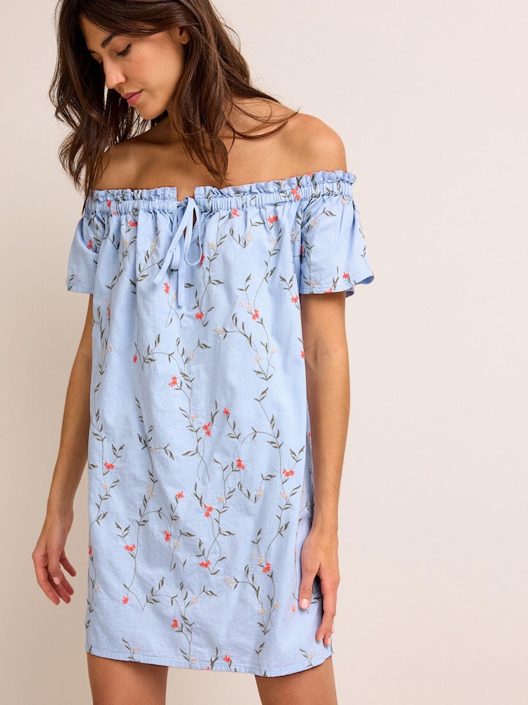 Hellblau - Besticktes Minikleid mit Carmenausschnitt - Bild 1 von 5