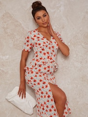 Chi Chi London Cream Short Sleeve Floral Print Midi Day Dress - Image 4 of 4