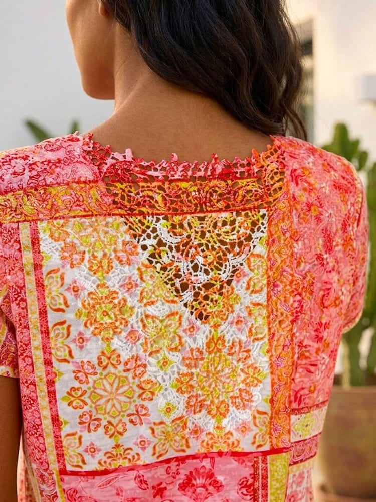 Roman Pink Contrast Print Stretch Top - Image 4 of 4