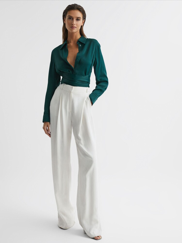 Reiss Dark Green Peyton Cropped Belted Shirt - Image 1 of 5