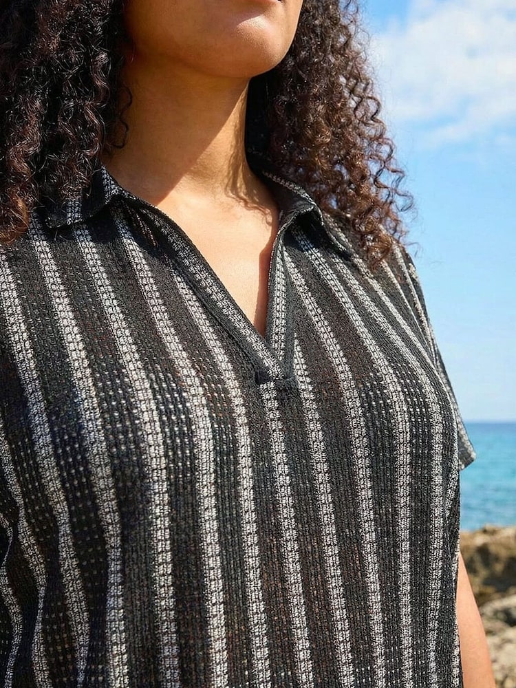 Roman Black Curve Stripe Collared Knit Top - Image 4 of 4