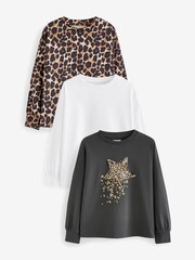Charcoal Grey/Animal Print Sequin Long Sleeve T-Shirts 3 Pack (3-16yrs) - Image 1 of 2
