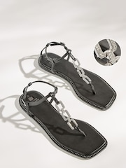 Black Forever Comfort® Flat Sandals With Jewelled Chain Detailing - Image 1 of 6