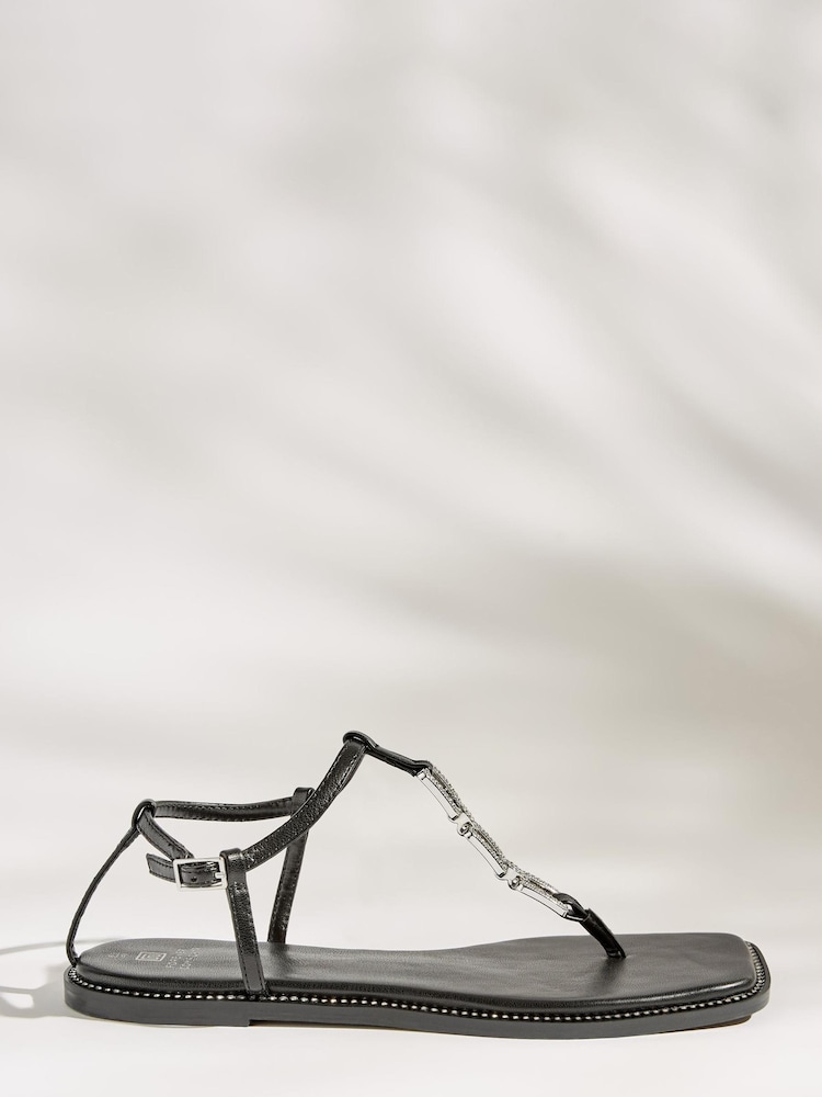 Black Forever Comfort® Flat Sandals With Jewelled Chain Detailing - Image 2 of 6