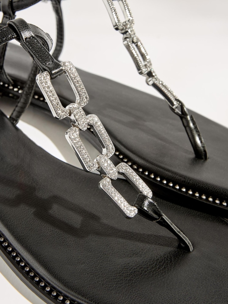 Black Forever Comfort® Flat Sandals With Jewelled Chain Detailing - Image 6 of 6