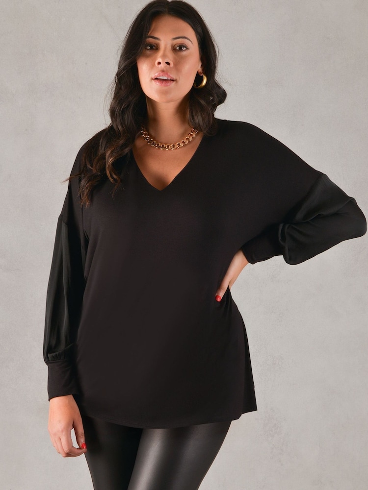 Live Unlimited Curve Black Jersey Blouse With Satin Sleeves - Image 1 of 4