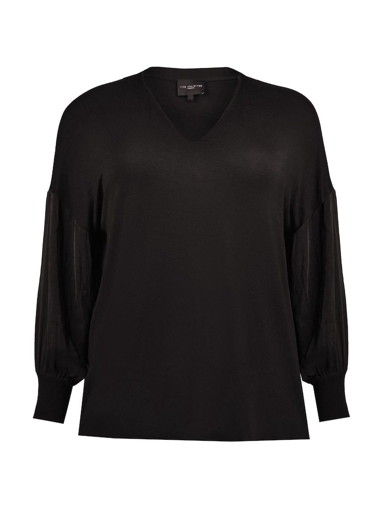 Live Unlimited Curve Black Jersey Blouse With Satin Sleeves - Image 4 of 4