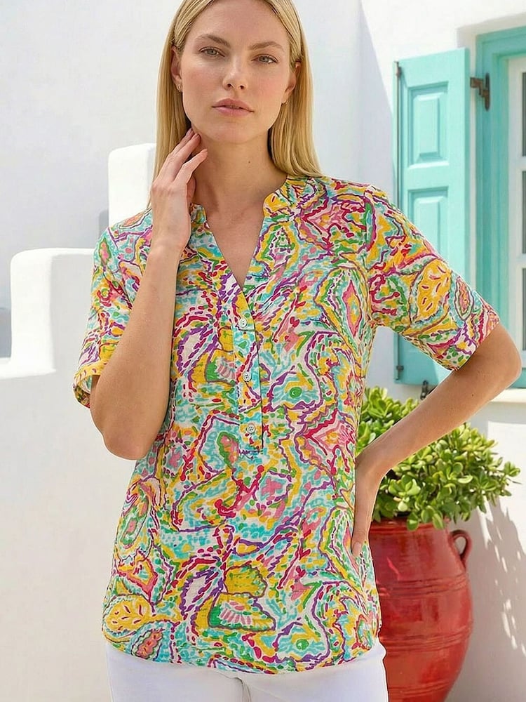 Roman Blue Abstract Print Button Detail Top - Image 1 of 4