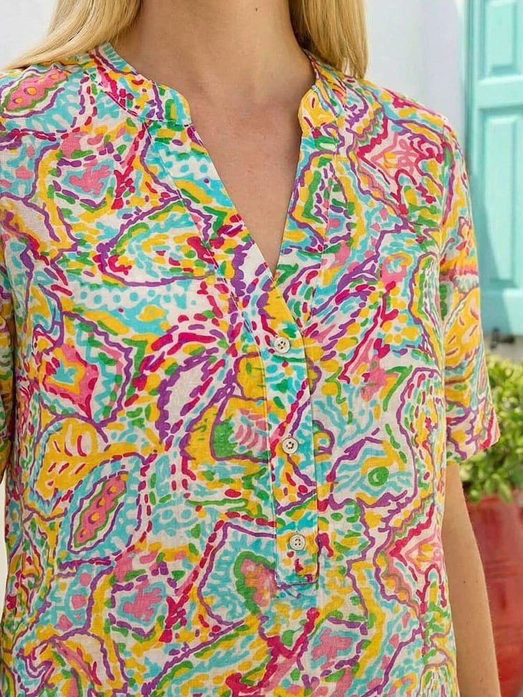 Roman Blue Abstract Print Button Detail Top - Image 4 of 4