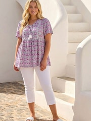 Roman Purple Curve Tie Front Boho Printed Top - Image 1 of 4