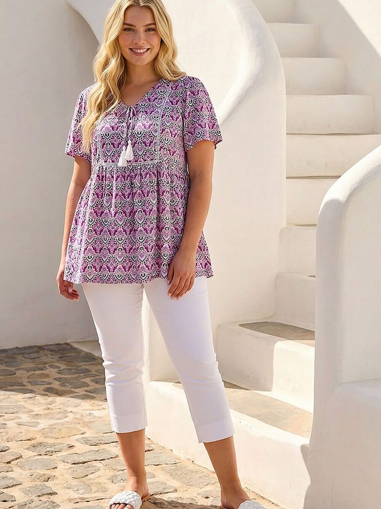 Roman Purple Curve Tie Front Boho Printed Top - Image 1 of 4
