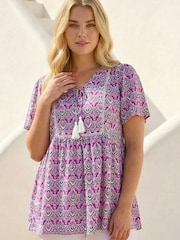 Roman Purple Curve Tie Front Boho Printed Top - Image 2 of 4